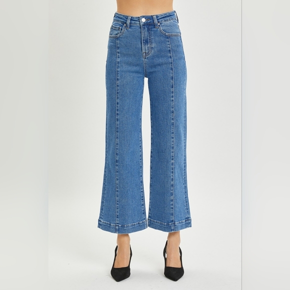 RISEN High-Rise Waist Blue Jeans Retro Wide Leg Front Seam Boyfriend Denim Pants - Picture 10 of 16